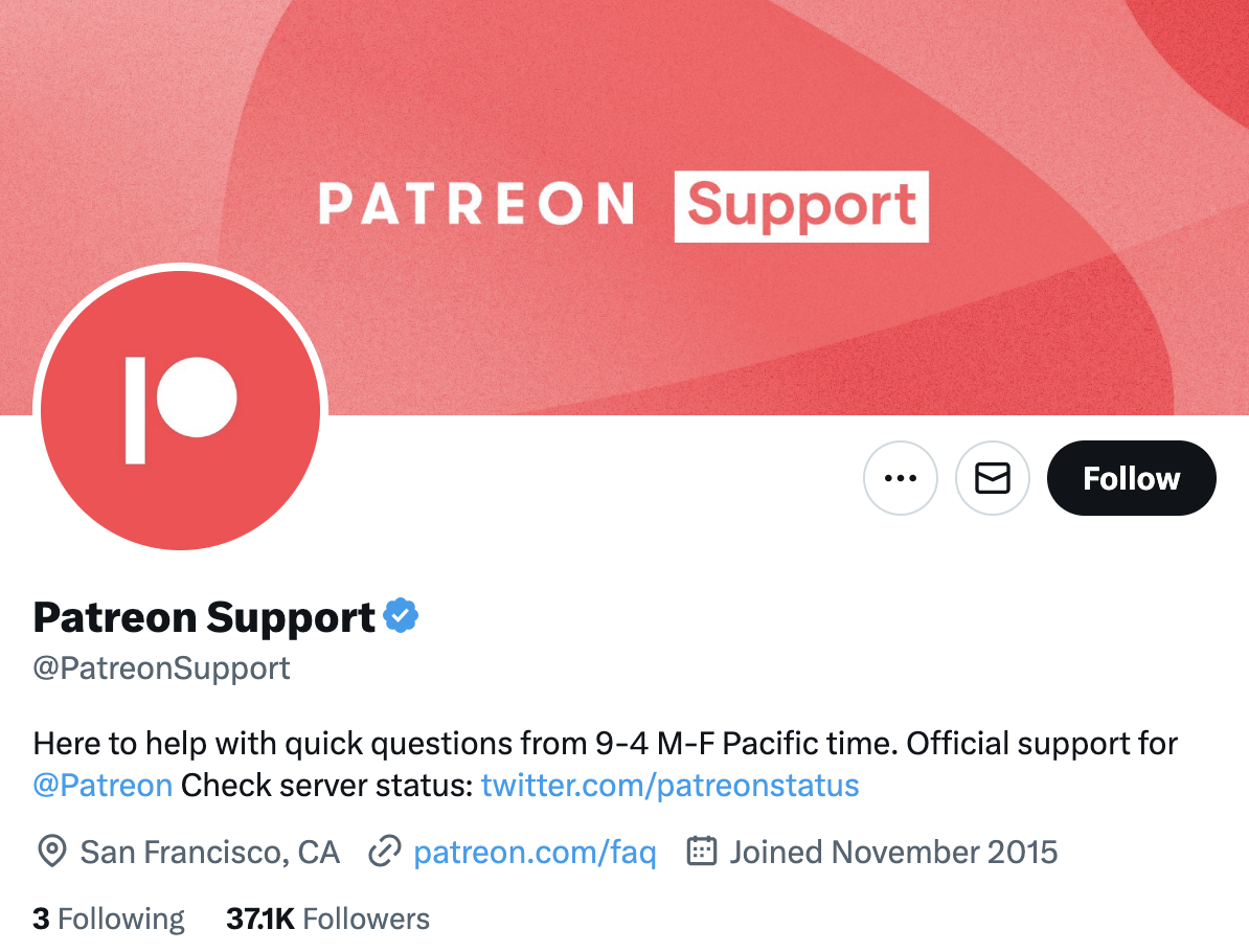 A screenshot of Patreon's customer support Twitter account