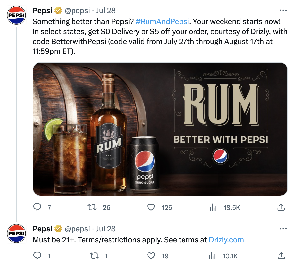 A screenshot of a tweet by Pepsi