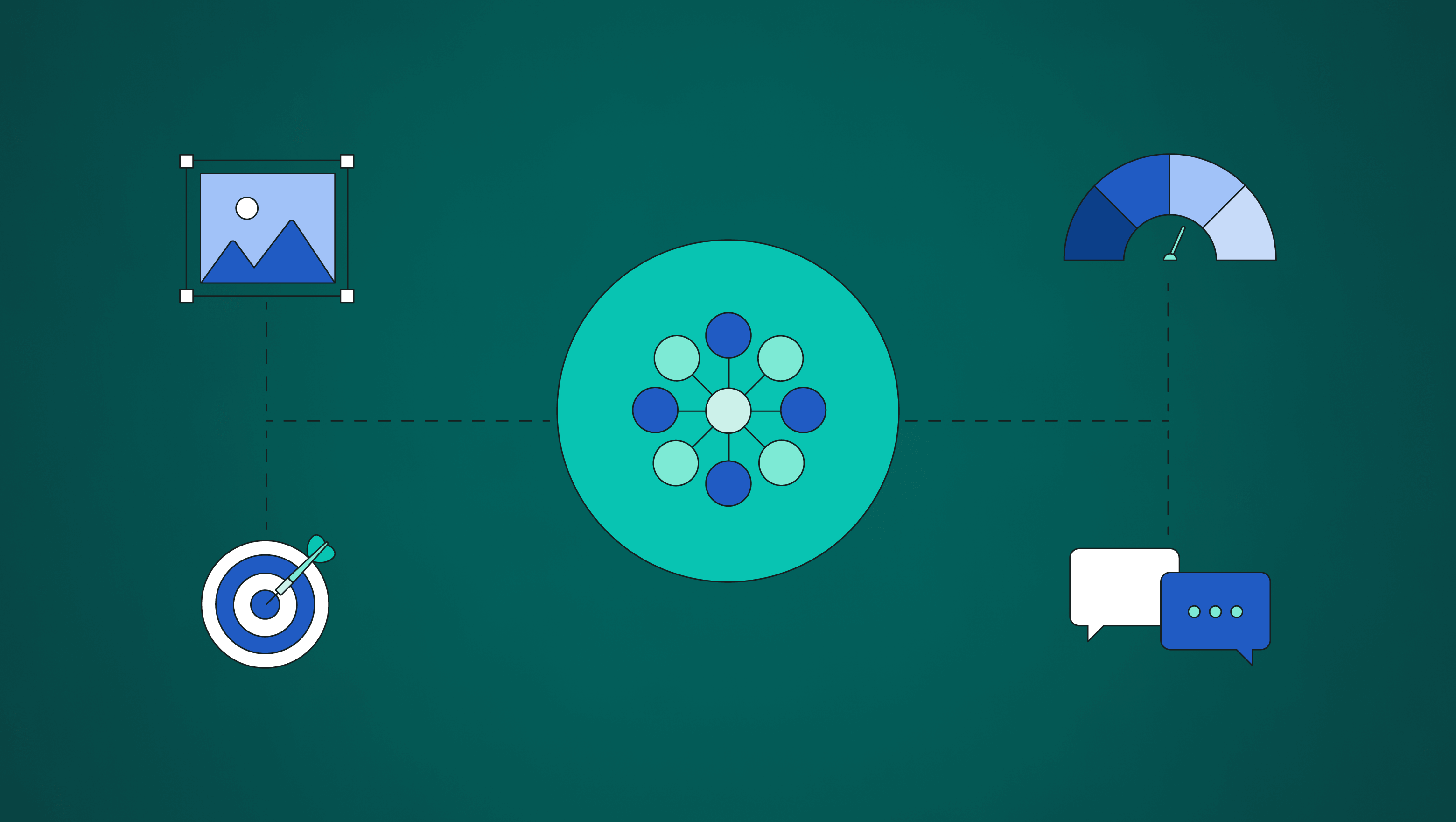 An illustration showing icons depicting social media images, target audiences, social comments and graphical charts surrounding a spherical hub. The image represents how AI tools assist in marketing across social workflows.